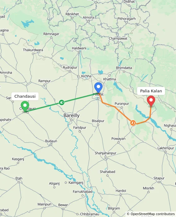 Route map showing distance and travel time from Chandausi, India to Palia Kalan, India