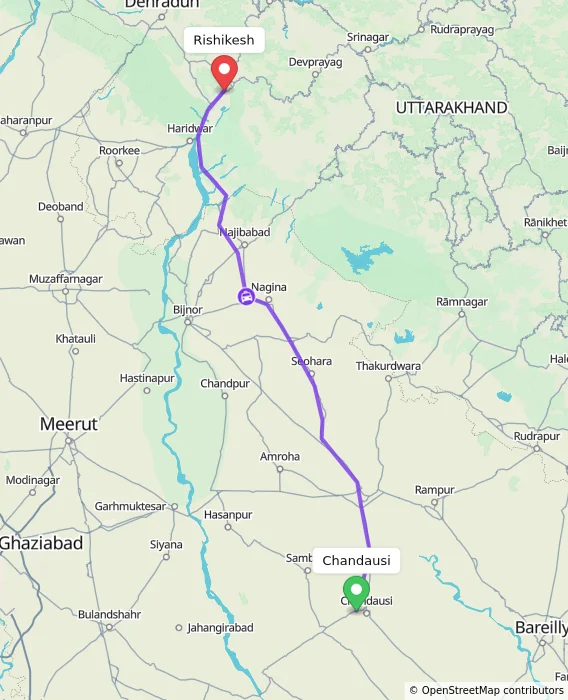 Route map showing distance and travel time from Chandausi, India to Rishikesh, India