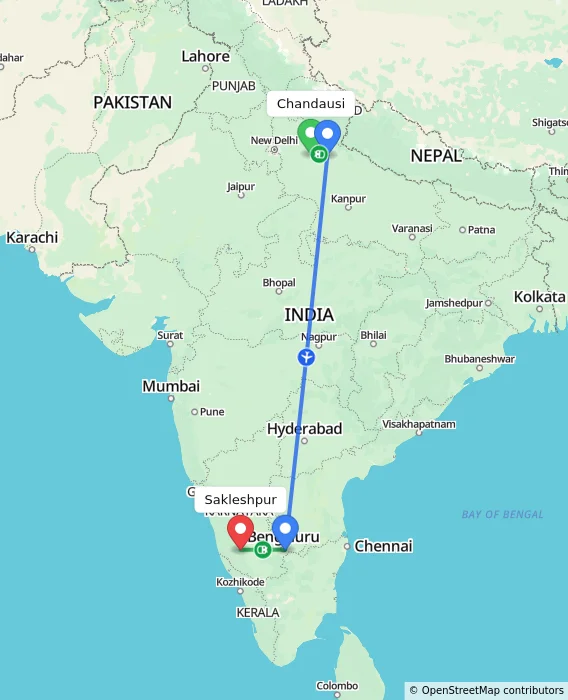 Route map showing distance and travel time from Chandausi, India to Sakleshpur, India