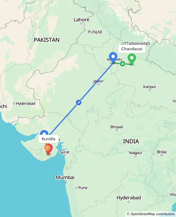 Route map showing distance and travel time from Chandausi, India to Kundla, India