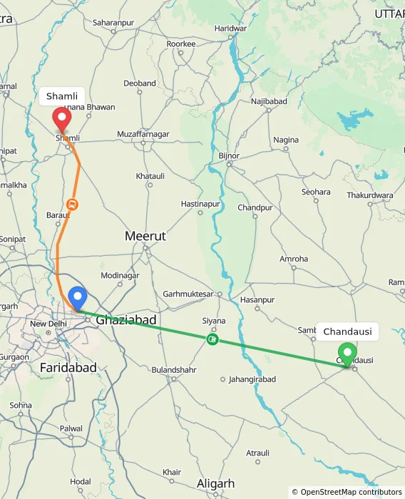Route map showing distance and travel time from Chandausi, India to Shamli, India