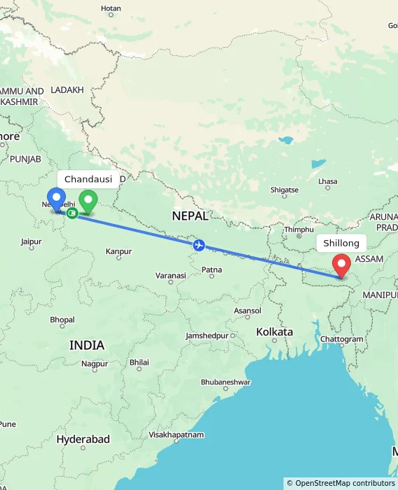 Route map showing distance and travel time from Chandausi, India to Shillong, India