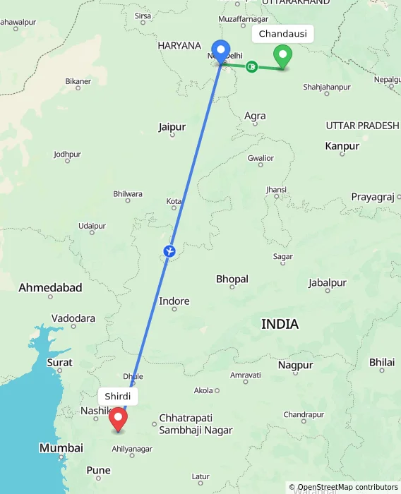 Route map showing distance and travel time from Chandausi, India to Shirdi, India