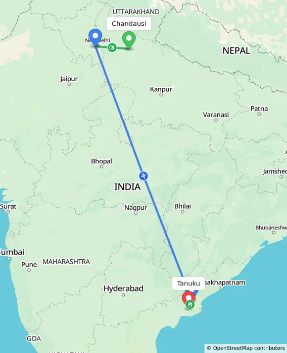 Route map showing distance and travel time from Chandausi, India to Tanuku, India