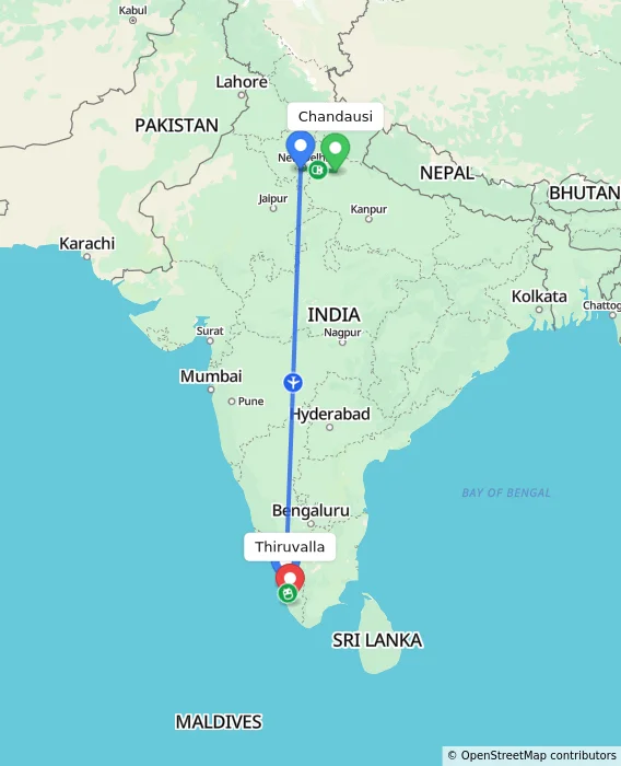 Route map showing distance and travel time from Chandausi, India to Thiruvalla, India