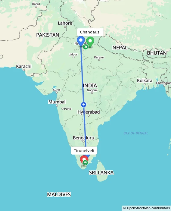 Route map showing distance and travel time from Chandausi, India to Tirunelveli, India