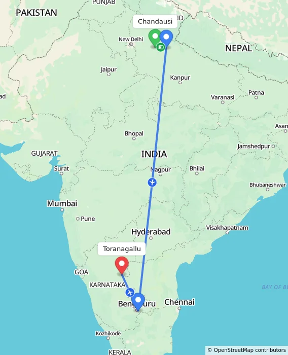 Route map showing distance and travel time from Chandausi, India to Toranagallu, India