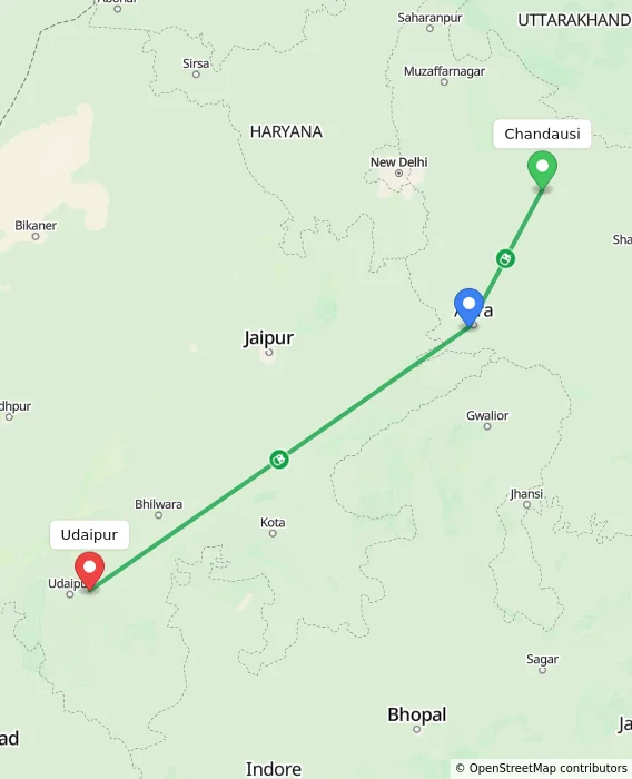 Route map showing distance and travel time from Chandausi, India to Udaipur, India