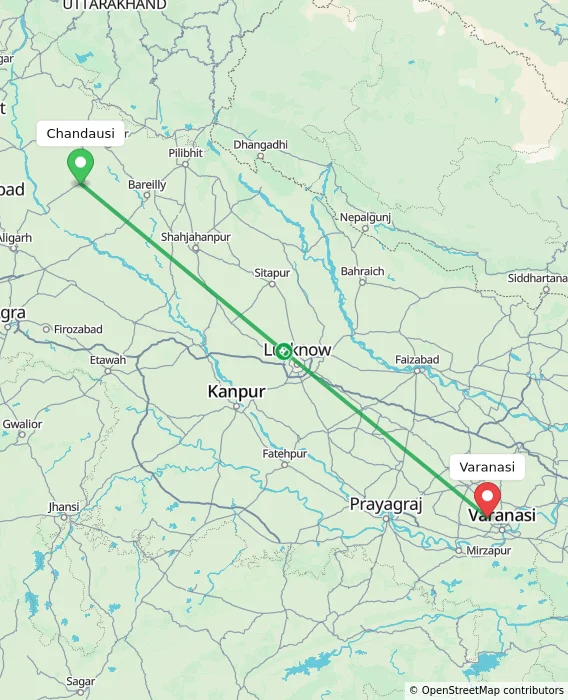 Route map showing distance and travel time from Chandausi, India to Varanasi, India