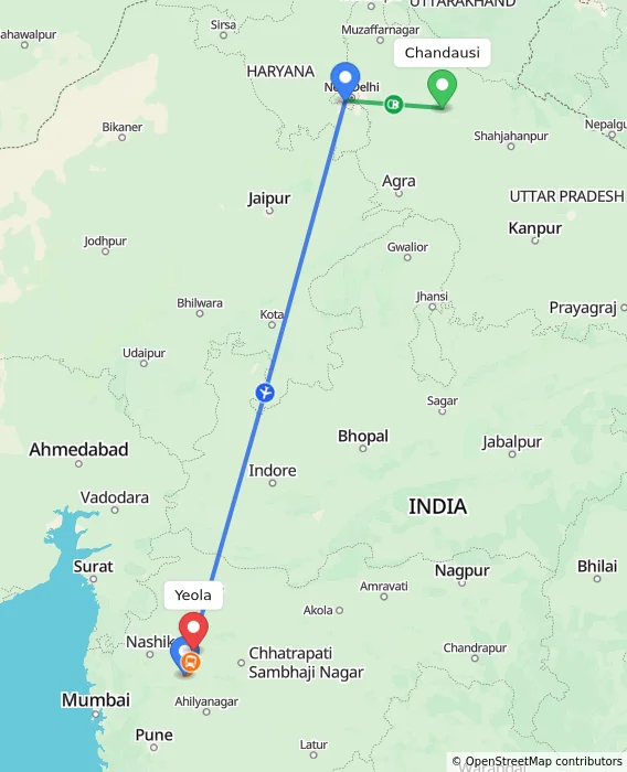 Route map showing distance and travel time from Chandausi, India to Yeola, India