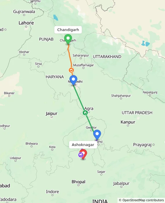 Route map showing distance and travel time from Chandigarh, India to Ashoknagar, India