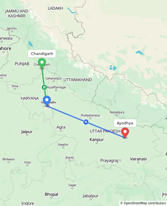 Route map showing distance and travel time from Chandigarh, India to Ayodhya, India