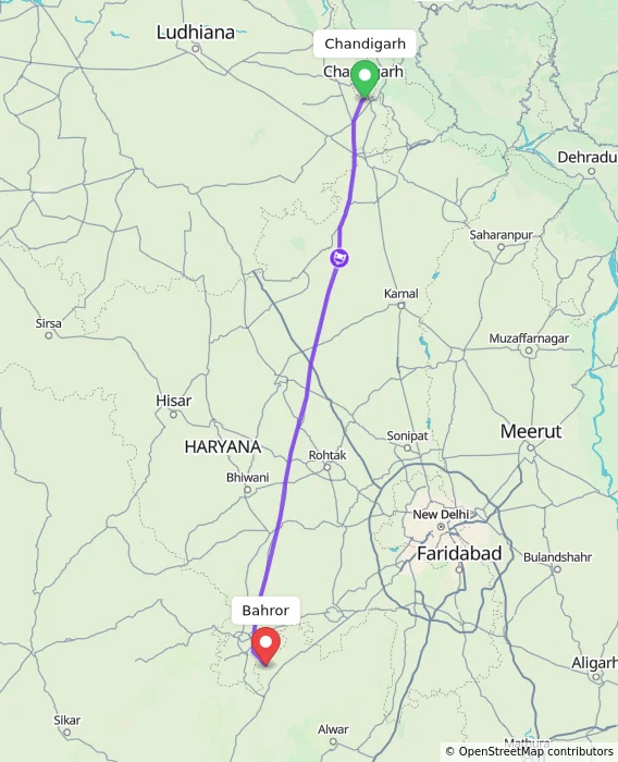 Route map showing distance and travel time from Chandigarh, India to Bahror, India