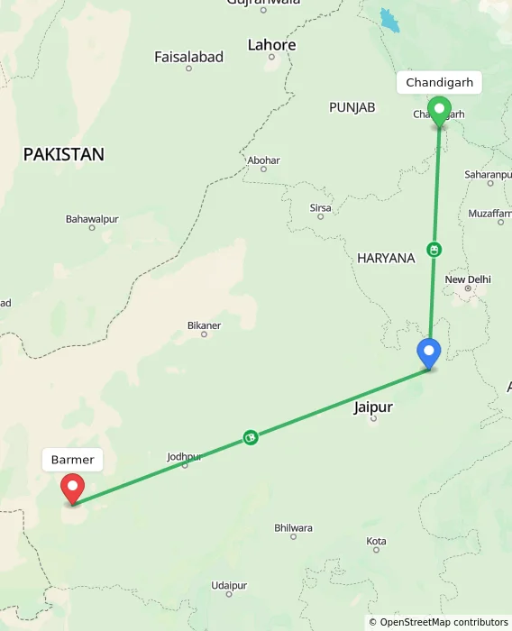 Route map showing distance and travel time from Chandigarh, India to Barmer, India