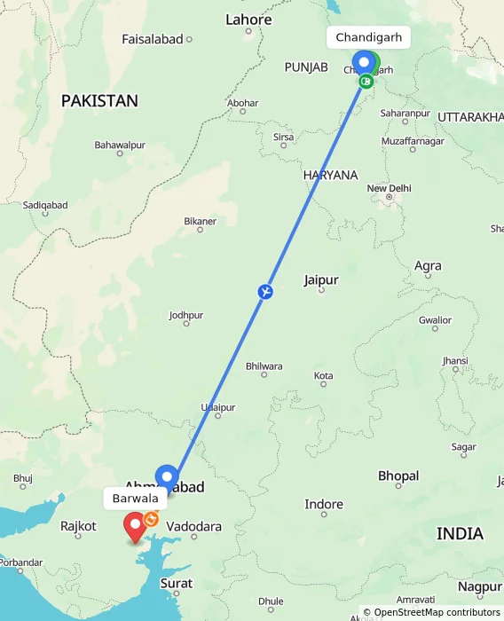 Route map showing distance and travel time from Chandigarh, India to Barwala, India