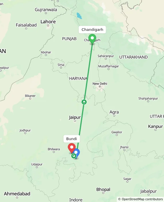 Route map showing distance and travel time from Chandigarh, India to Bundi, India