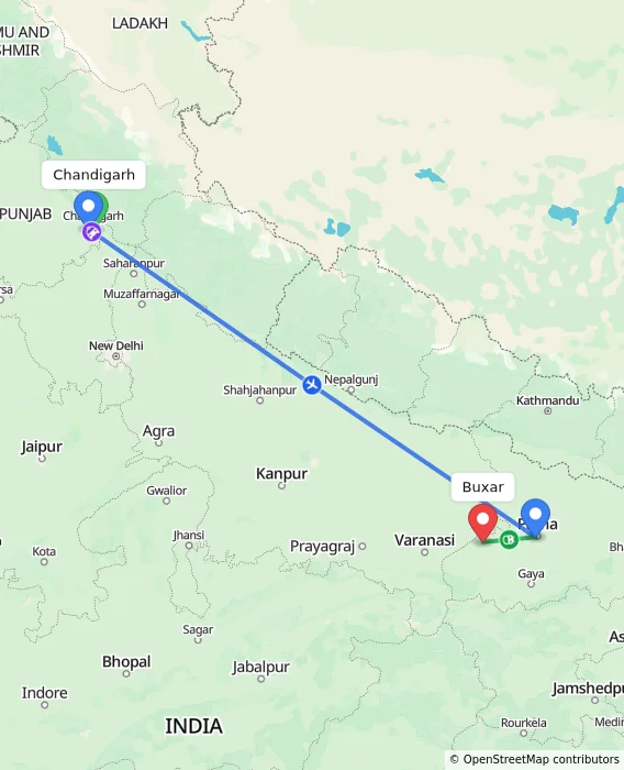 Route map showing distance and travel time from Chandigarh, India to Buxar, India