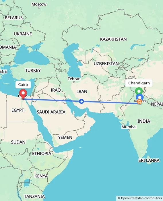 Route map showing distance and travel time from Chandigarh, India to Cairo, Egypt
