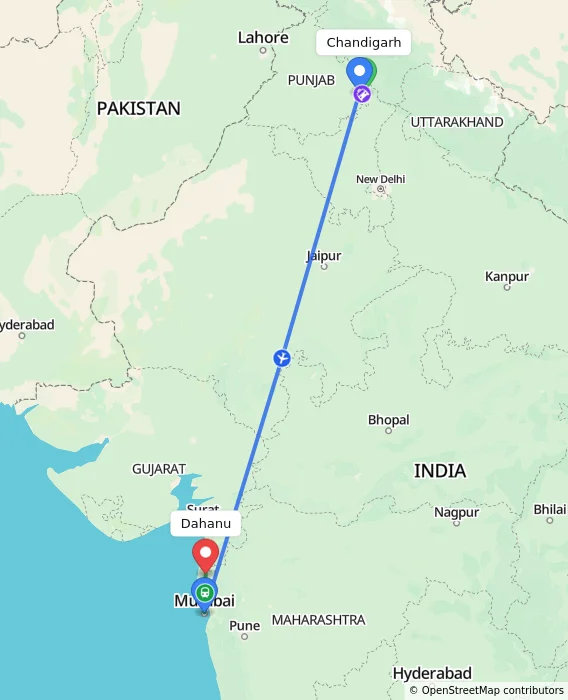 Route map showing distance and travel time from Chandigarh, India to Dahanu, India