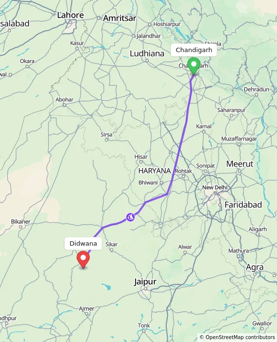 Route map showing distance and travel time from Chandigarh, India to Didwana, India