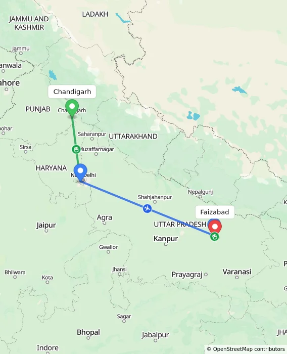 Route map showing distance and travel time from Chandigarh, India to Faizabad, India