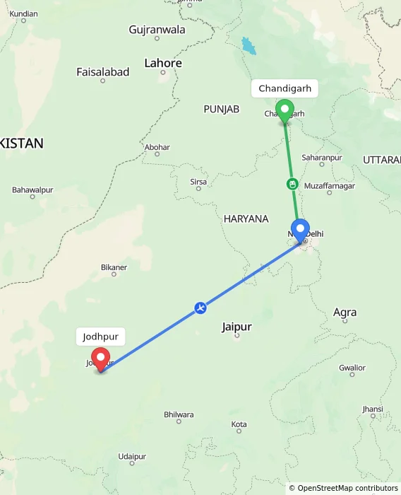 Route map showing distance and travel time from Chandigarh, India to Jodhpur, India