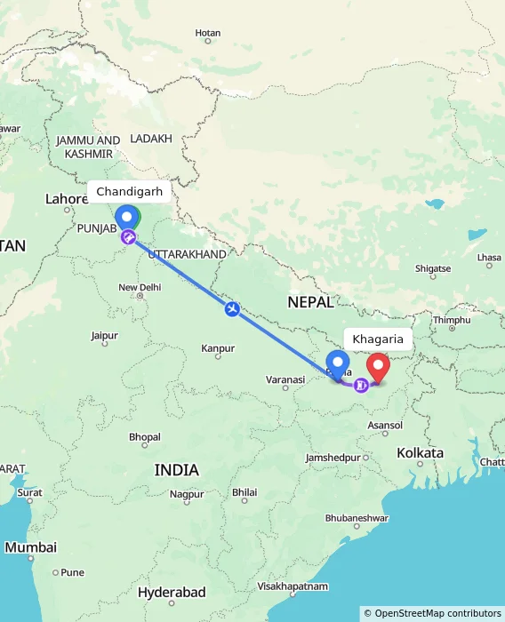 Route map showing distance and travel time from Chandigarh, India to Khagaria, India