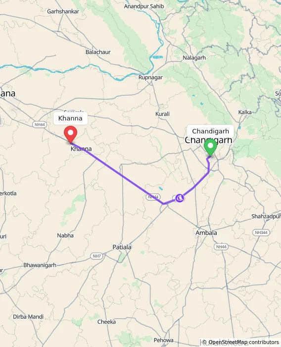 Route map showing distance and travel time from Chandigarh, India to Khanna, India
