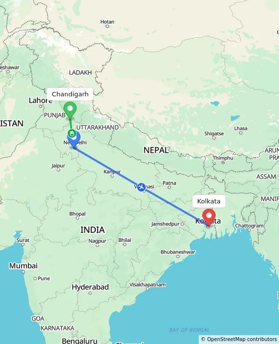 Route map showing distance and travel time from Chandigarh, India to Kolkata, India