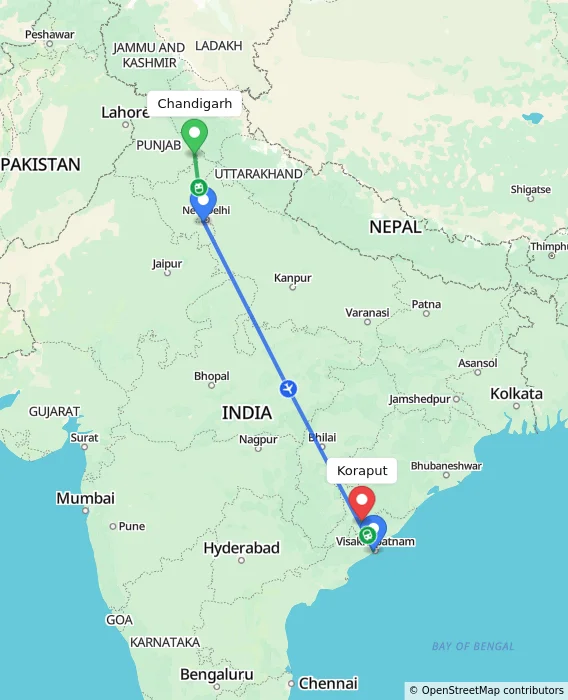 Route map showing distance and travel time from Chandigarh, India to Koraput, India