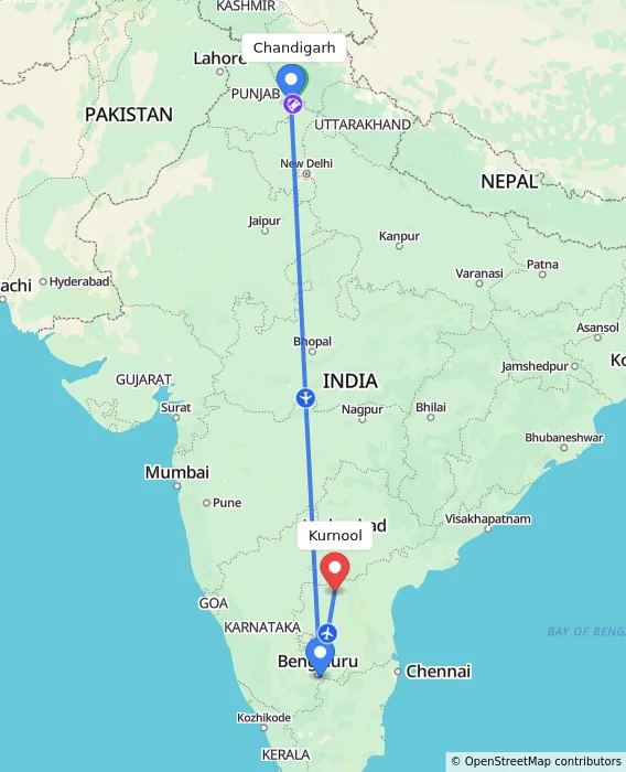 Route map showing distance and travel time from Chandigarh, India to Kurnool, India