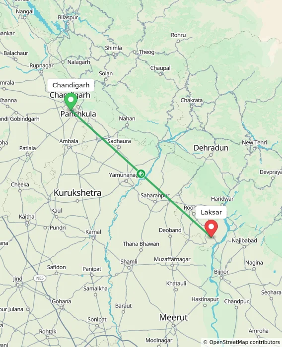 Route map showing distance and travel time from Chandigarh, India to Laksar, India