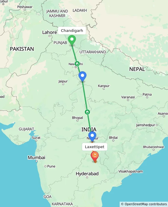 Route map showing distance and travel time from Chandigarh, India to Laxettipet, India