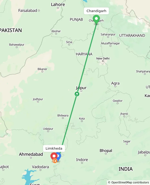 Route map showing distance and travel time from Chandigarh, India to Limkheda, India