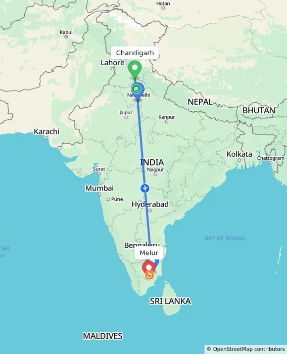 Route map showing distance and travel time from Chandigarh, India to Melur, India