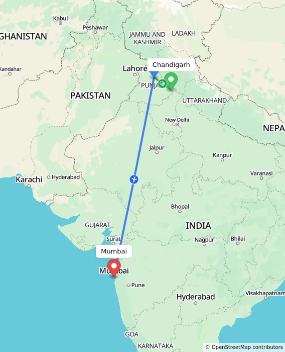 Route map showing distance and travel time from Chandigarh, India to Mumbai, India