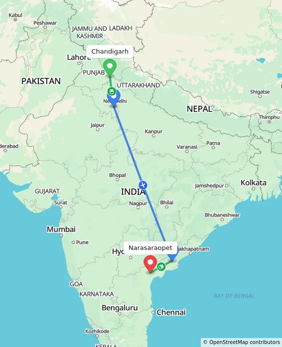 Route map showing distance and travel time from Chandigarh, India to Narasaraopet, India