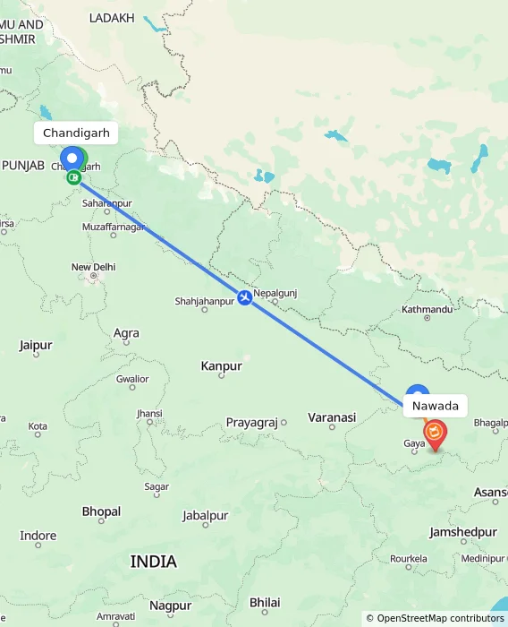 Route map showing distance and travel time from Chandigarh, India to Nawada, India