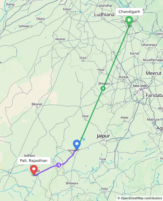 Route map showing distance and travel time from Chandigarh, India to Pali, Rajasthan, India