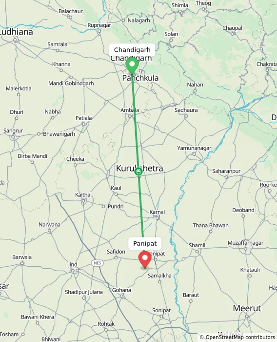 Route map showing distance and travel time from Chandigarh, India to Panipat, India