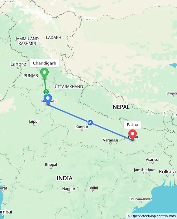 Route map showing distance and travel time from Chandigarh, India to Patna, India