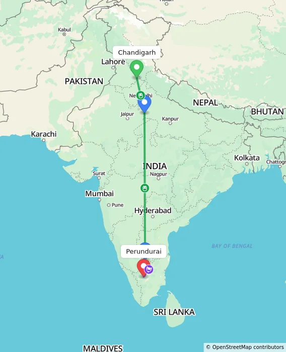 Route map showing distance and travel time from Chandigarh, India to Perundurai, India
