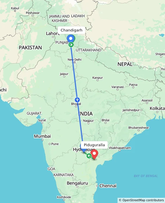 Route map showing distance and travel time from Chandigarh, India to Piduguralla, India