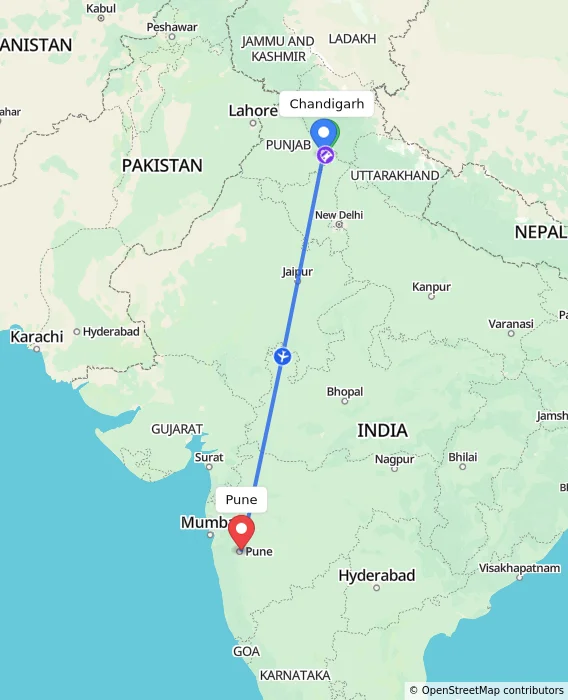 Route map showing distance and travel time from Chandigarh, India to Pune, India