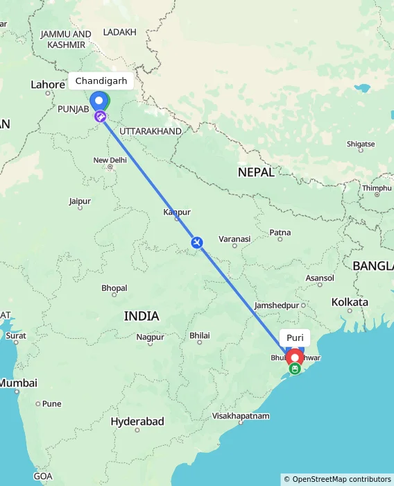 Route map showing distance and travel time from Chandigarh, India to Puri, India