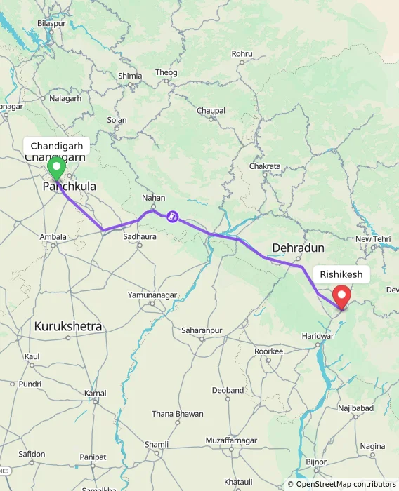 Route map showing distance and travel time from Chandigarh, India to Rishikesh, India