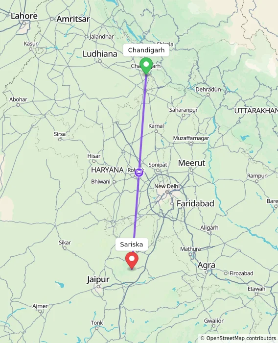 Route map showing distance and travel time from Chandigarh, India to Sariska, India