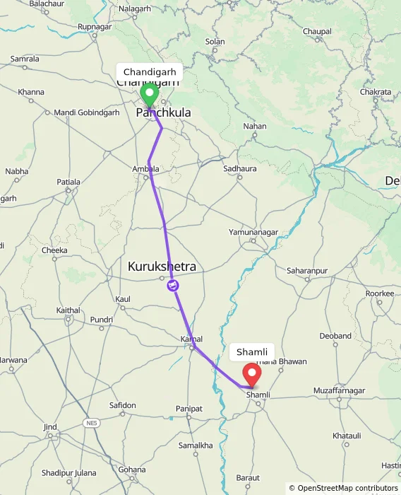 Route map showing distance and travel time from Chandigarh, India to Shamli, India