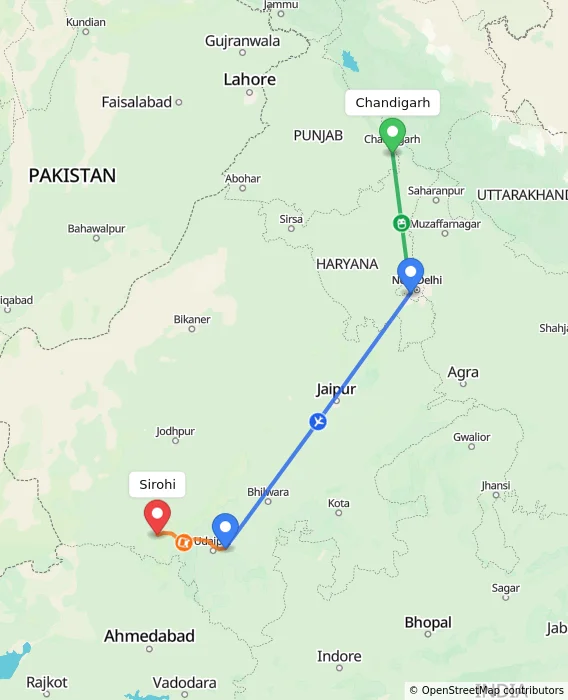 Route map showing distance and travel time from Chandigarh, India to Sirohi, India