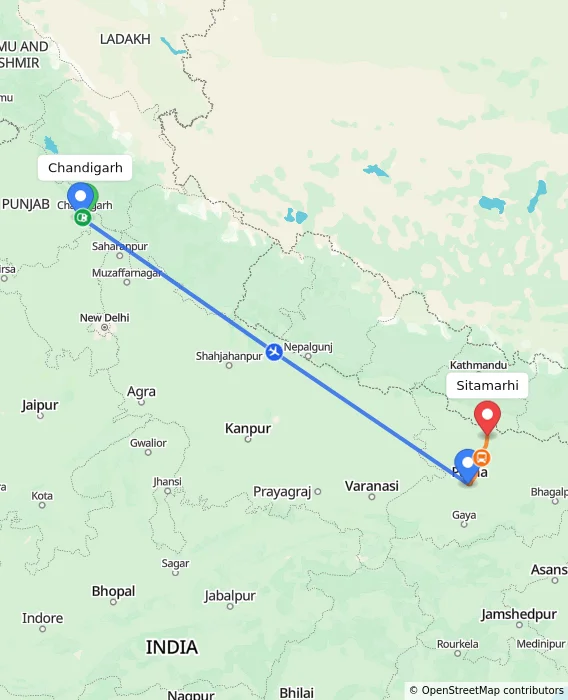 Route map showing distance and travel time from Chandigarh, India to Sitamarhi, India